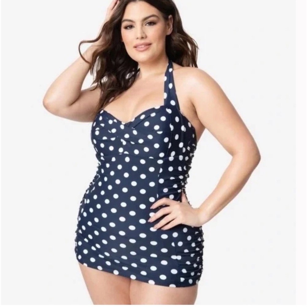Unique Vintage Polka Dot Retro Tummy Control Pinup Swimskirt 1X Bettie Page Blue